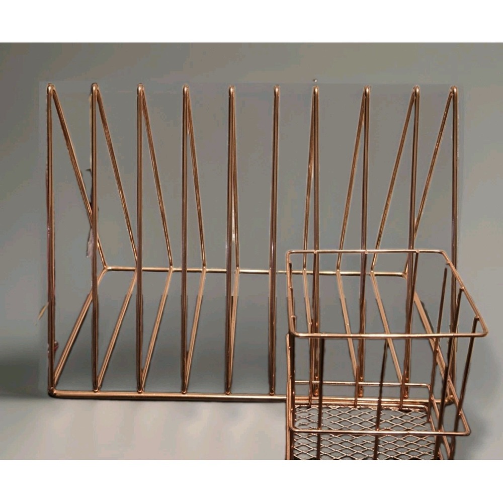 Vintage Copper Wire Office Desk Set File Rack & Pen Cup Organizers MCM